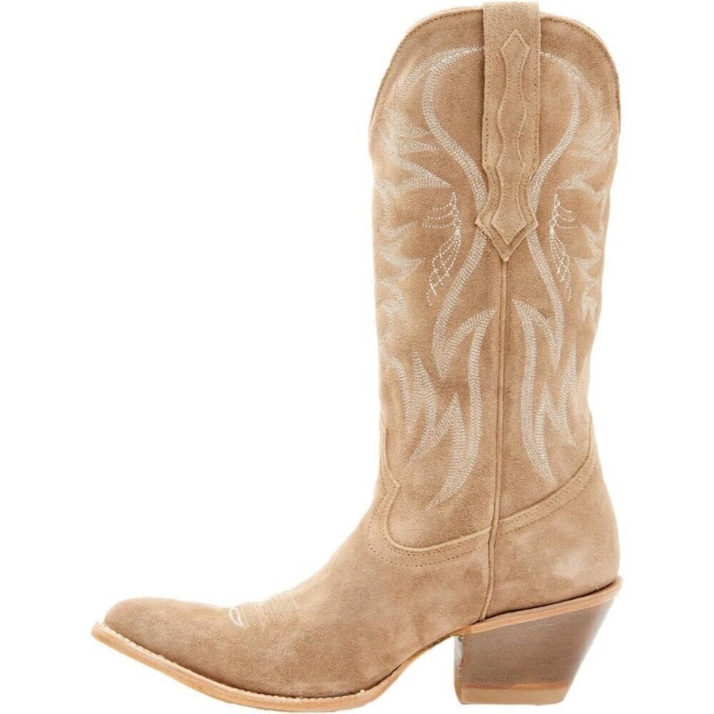 Women Tan Mid-calf Pointy Toe Embroidered Western Cowgirl Boots Chunky Heels